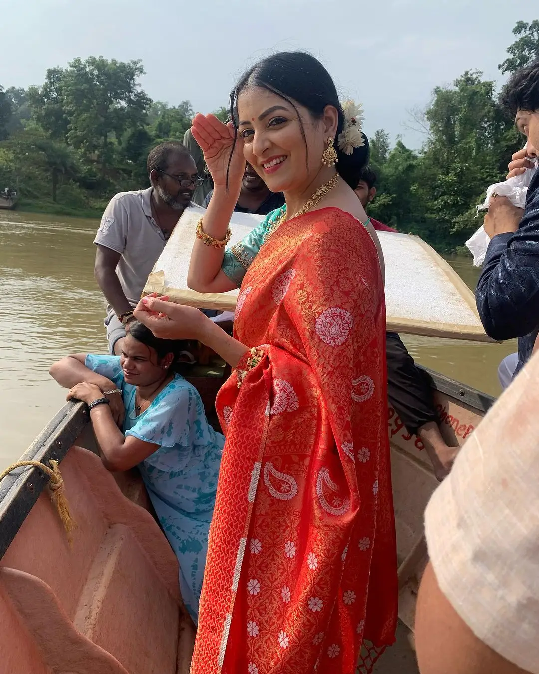 ETV Abhiruchi Madhuri Kandavalli In Traditional Orange Saree Blue Blouse